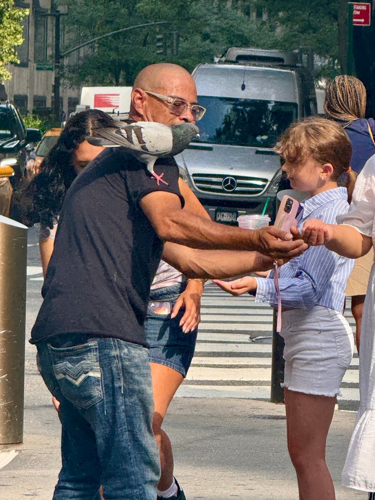 A man interacts with a young girl on a city street, while a pigeon perches on his shoulder.