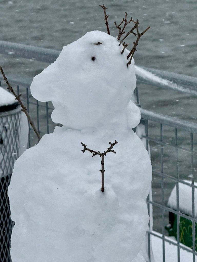 A snowman with a textured snowy body and twig arms, set against a snowy background near water.