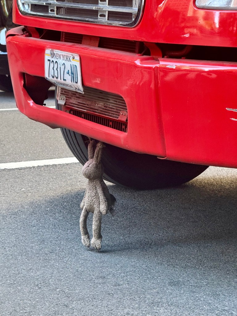 A red truck with a stuffed animal hanging from its front grille, parked on a street.