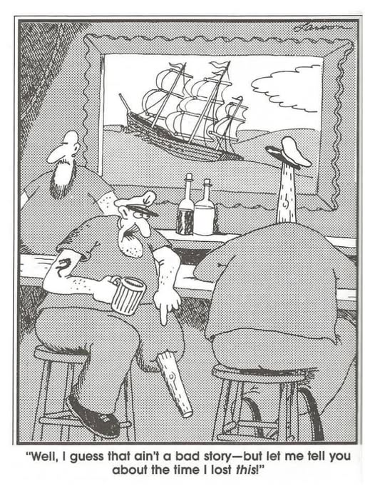 A cartoon depicting three bar patrons conversing at a counter, with one character holding a mug and gesturing as he recounts a story about losing something, while a ship is painted in a frame behind them.