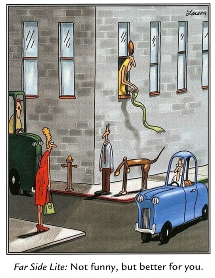 A humorous cartoon featuring a man hanging partially out of a window, holding a green object resembling a ribbon. Below, a small group of people, including a woman in a red dress and a dog, observes the scene with varying expressions. A blue car is parked nearby, adding to the quirky urban atmosphere.