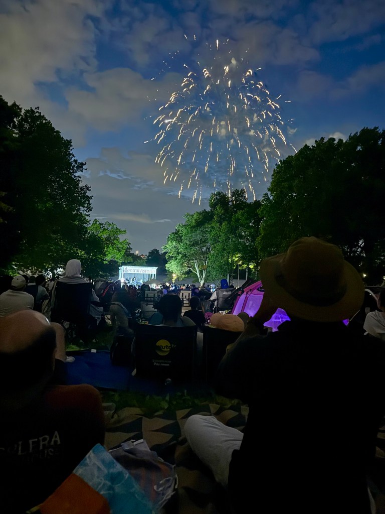 Crowd watching fireworks display at night, with a stage set up in the background and trees around.