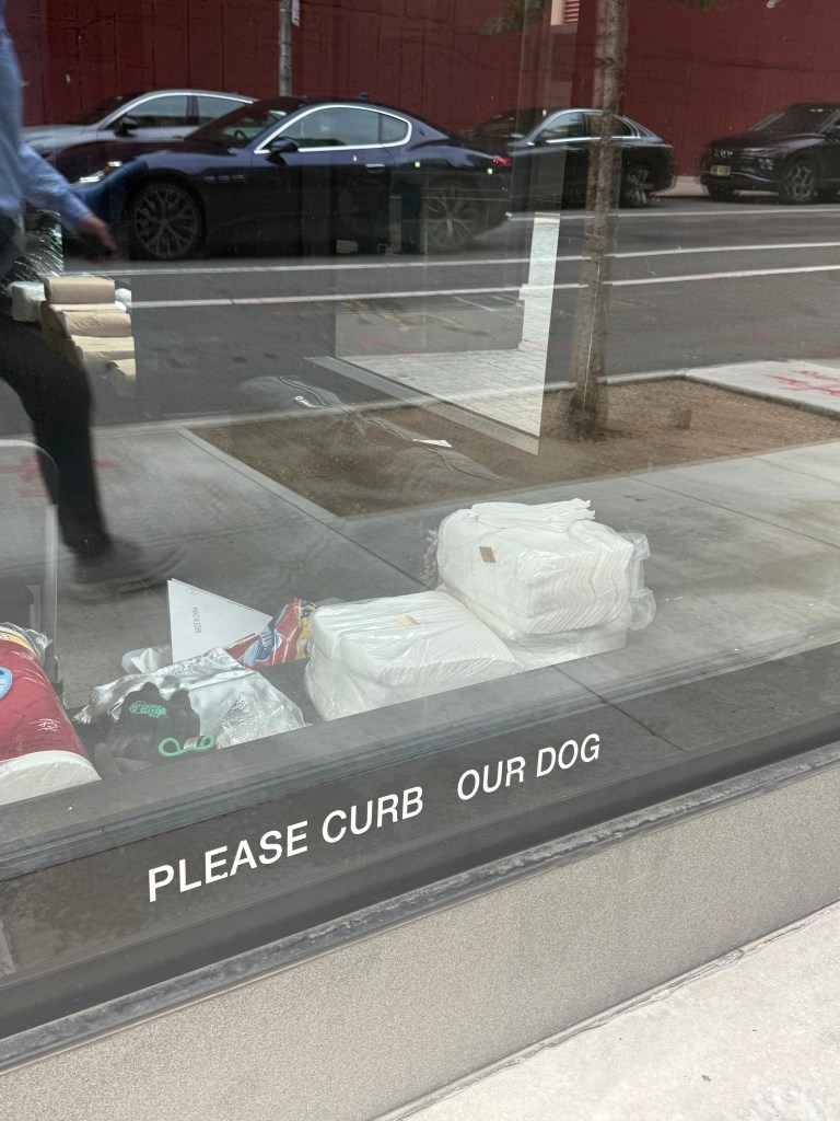 A window view displaying a sign that reads 'PLEASE CURB OUR DOG', with various items visible inside, including bags and blankets.