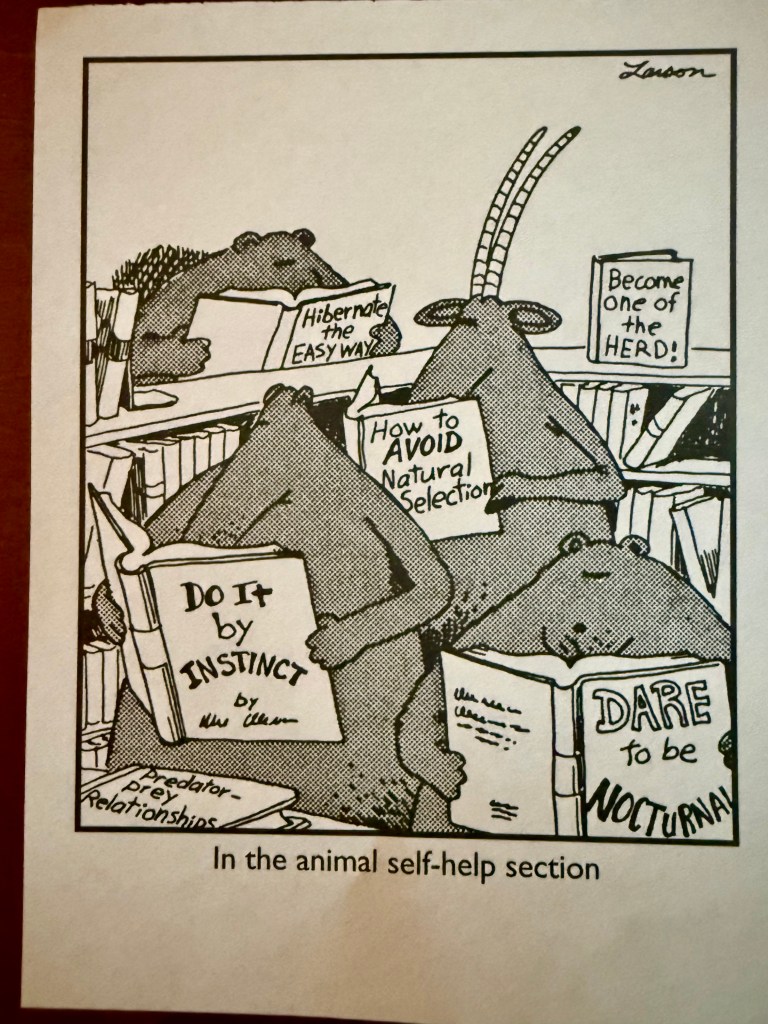 A cartoon depicting various animals in a library setting focused on self-help books for animals. Titles include 'Hibernate the EASY WAY,' 'Do It by INSTINCT,' 'How to AVOID Natural Selection,' and 'Dare to be NOCTURNAL.'