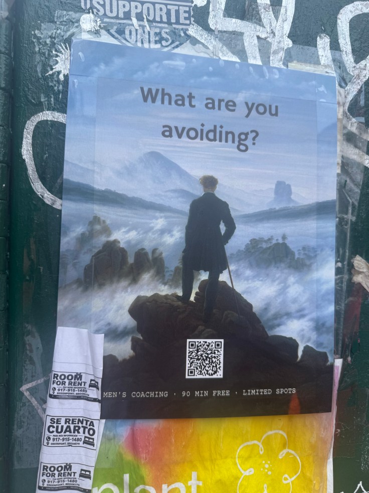 Poster featuring a man standing on a rocky shore, gazing at the ocean, with the text 'What are you avoiding?' and information about men's coaching services.