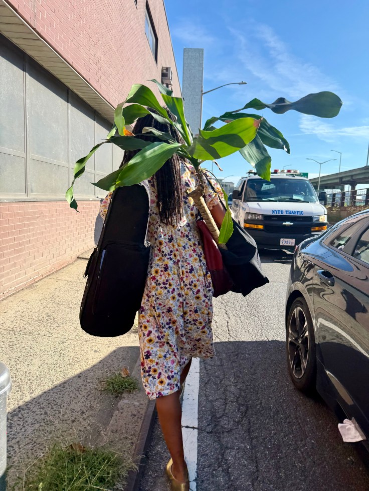 A person walks down the street carrying large green leaves and multiple bags, wearing a floral dress and gold shoes, with a police vehicle visible in the background.