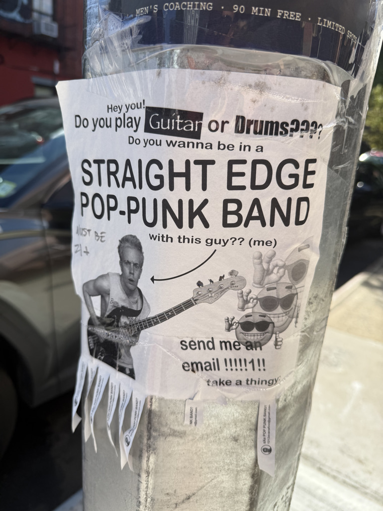 A flyer advertising for musicians to join a straight edge pop-punk band, featuring a humorous illustration and a photo of a person playing bass guitar, with tear-off contact information at the bottom.