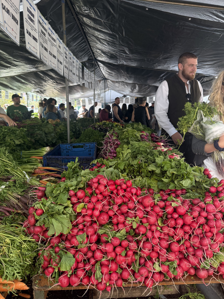 A vibrant farmers market stall featuring a large pile of fresh red radishes surrounded by leafy greens and other vegetables, with customers browsing and shopping under a tent.