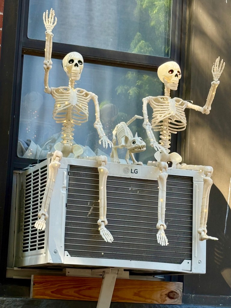 Two skeletons sitting on an air conditioning unit, one waving and another with a small skeleton or cat beside them.