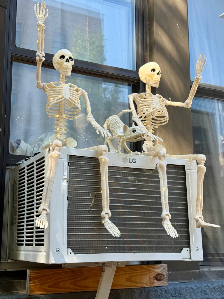 Two skeleton decorations sitting on an air conditioning unit, one waving and another with a pet skeleton, displayed in a window.
