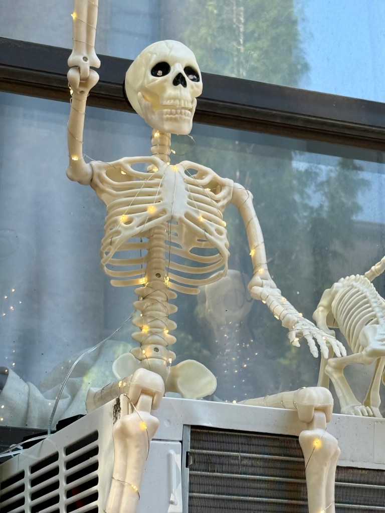 A decorative skeleton with a smiling face, sitting on an air conditioning unit, holding one arm up in a wave, adorned with string lights.