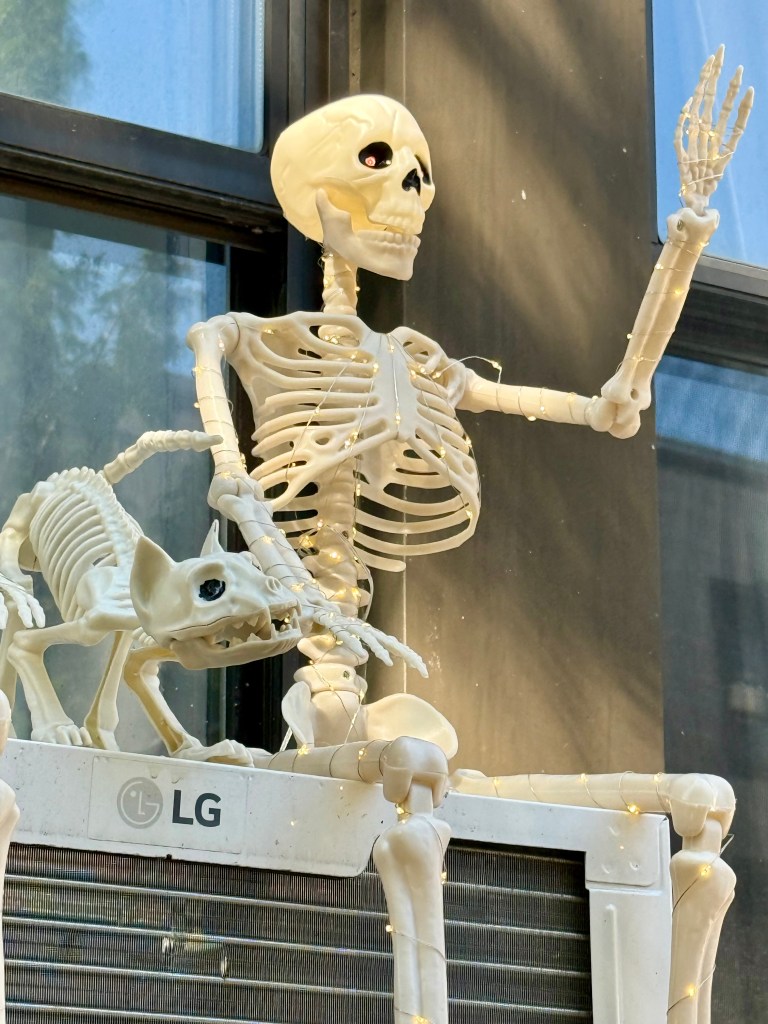 A decorative skeleton sitting on an air conditioning unit, raising one hand in a waving gesture, accompanied by a small skeleton dog.
