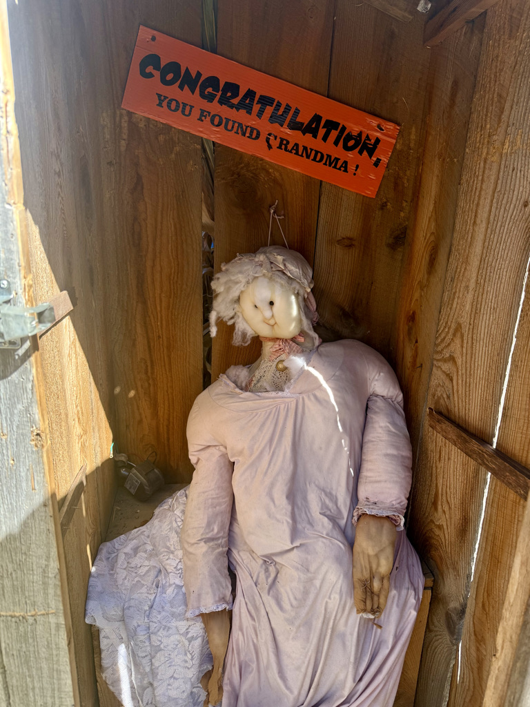 A vintage doll dressed in a pink gown sitting in a wooden enclosure with a sign that reads 'CONGRATULATIONS, YOU FOUND GRANDMA!'