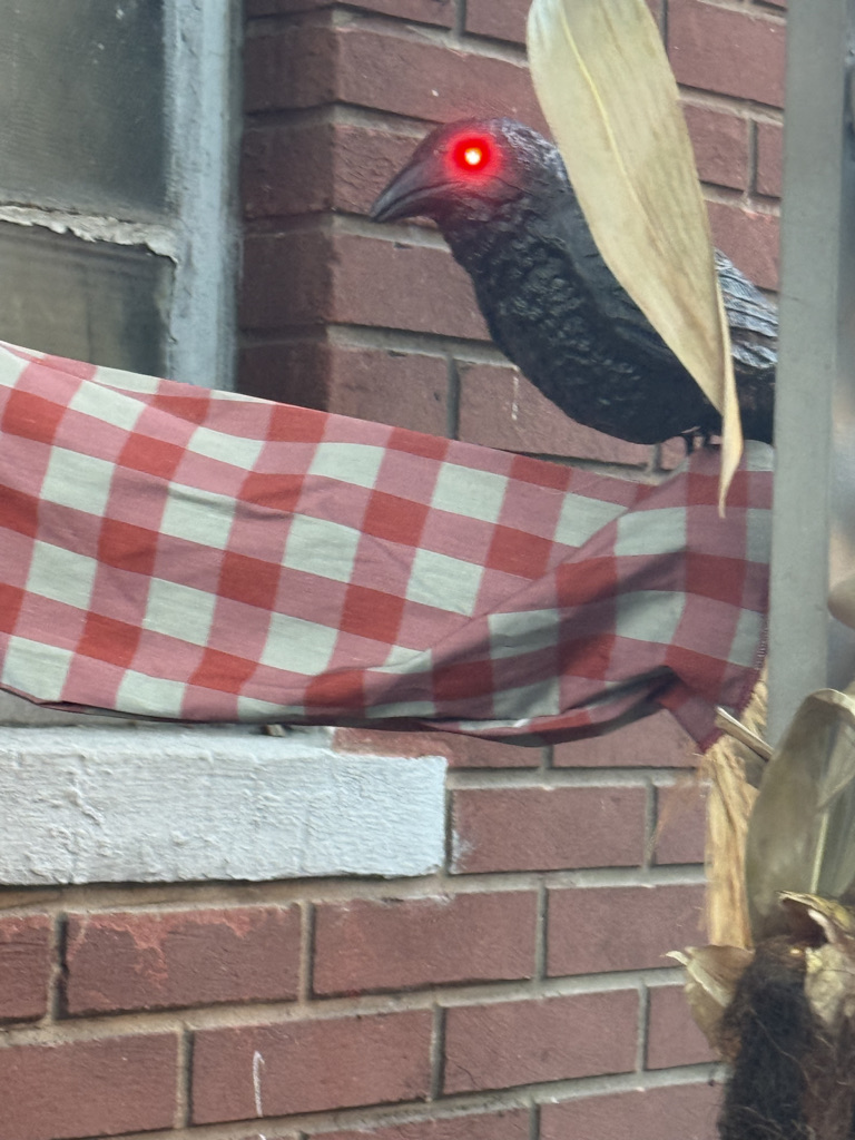 A decorative crow with glowing red eyes perched on a checkered cloth draped over a ledge, against a brick wall.