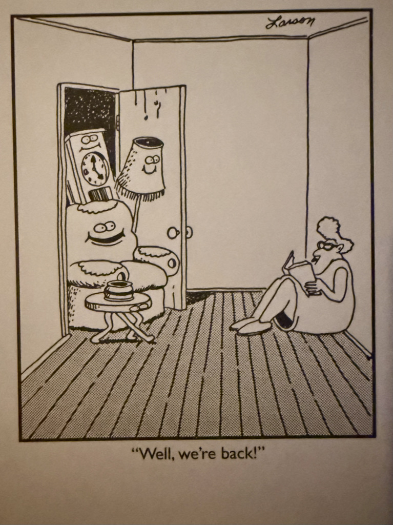 A humorous illustration featuring a woman sitting on the floor reading a book, while three cheerful cartoon items (a clock, a lamp, and a couch) peek through an open door saying, 'Well, we're back!'