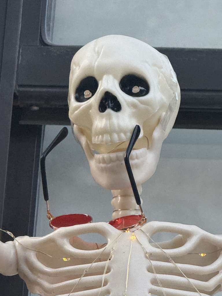 Close-up of a decorative skeleton wearing glasses with red lenses, positioned against a window.