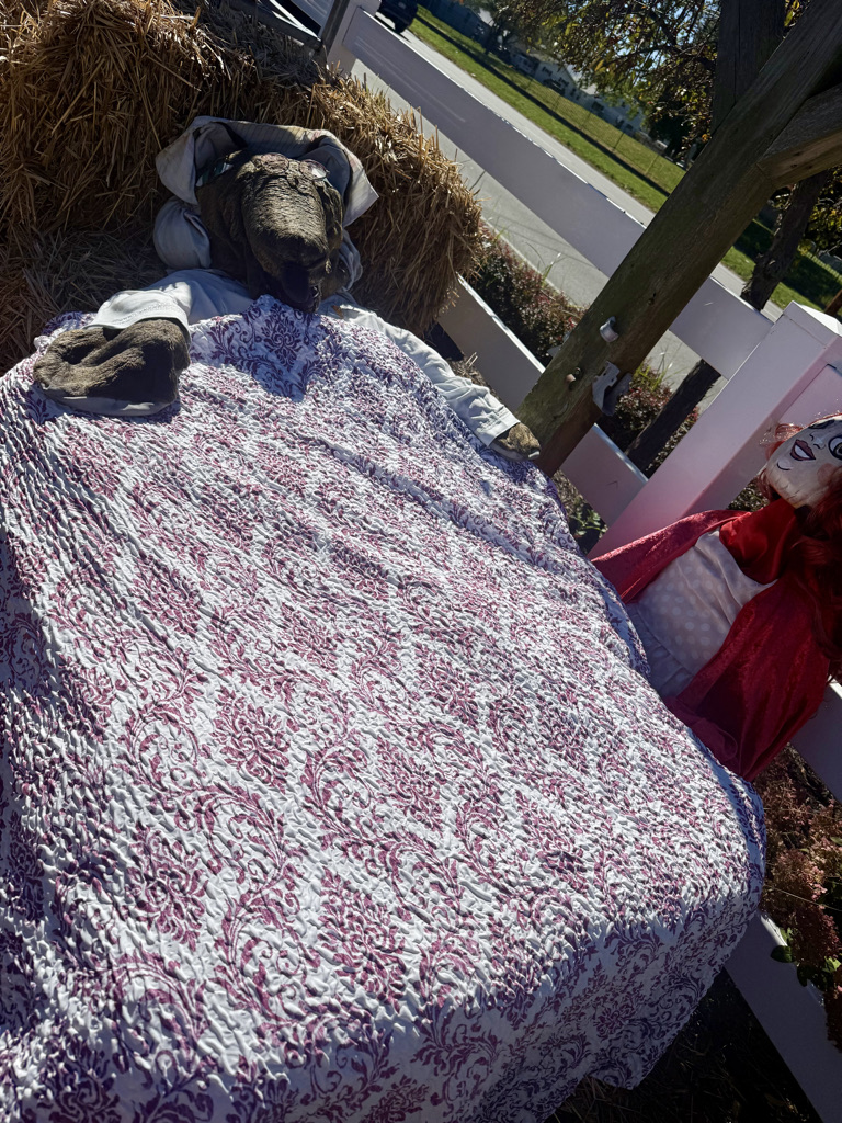 A stuffed animal resembling a sleepy figure covered with a patterned quilt, lying on straw bales, accompanied by a doll in a red cape.