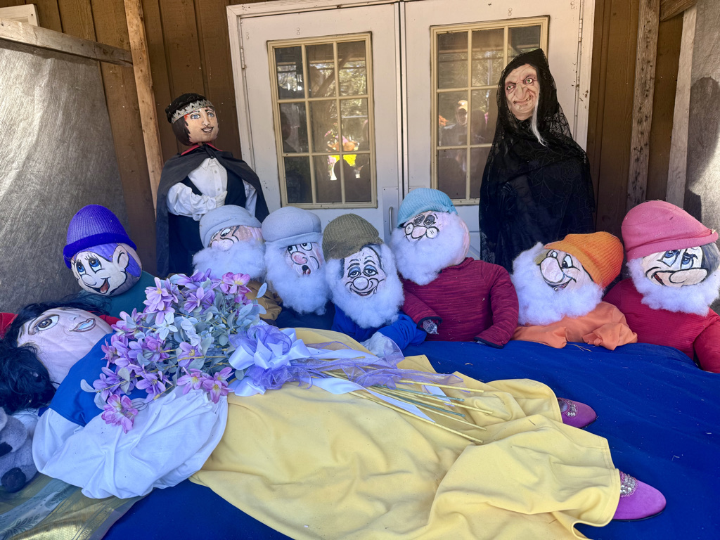 A display featuring various character dolls, including several dwarfs with distinct colored hats, a witch in black attire, and a doll representing Snow White lying on a blue surface adorned with flowers.