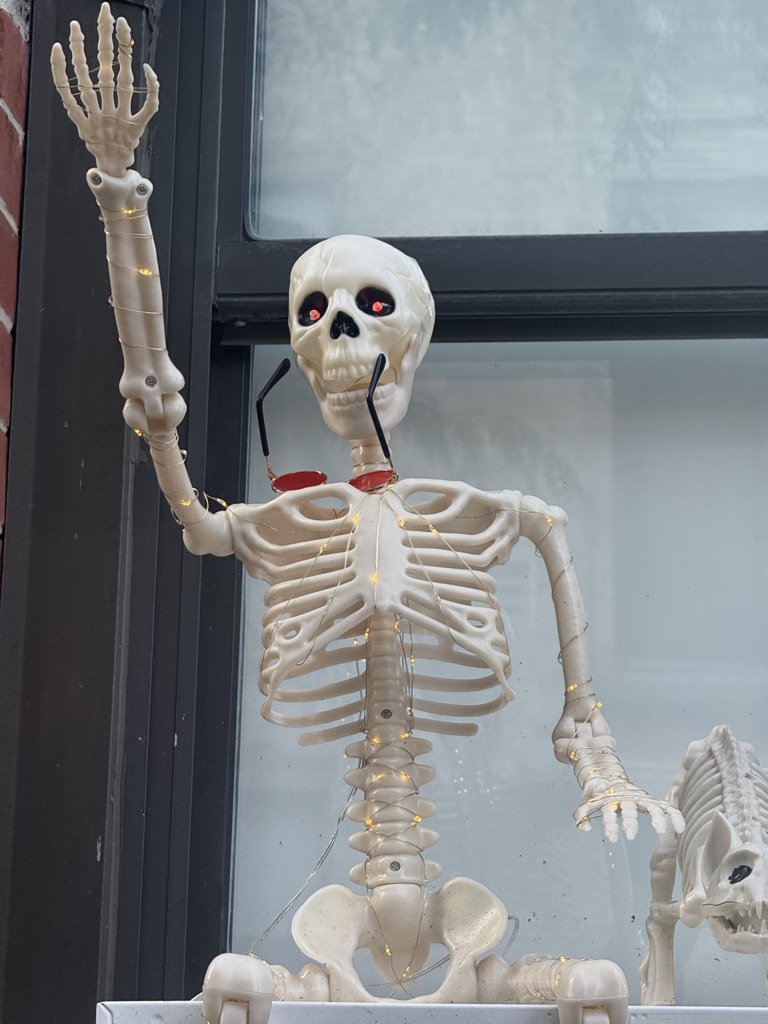 A decorative skeleton figure, with red eyes and holding up one hand, wearing sunglasses and adorned with fairy lights, positioned against a window.