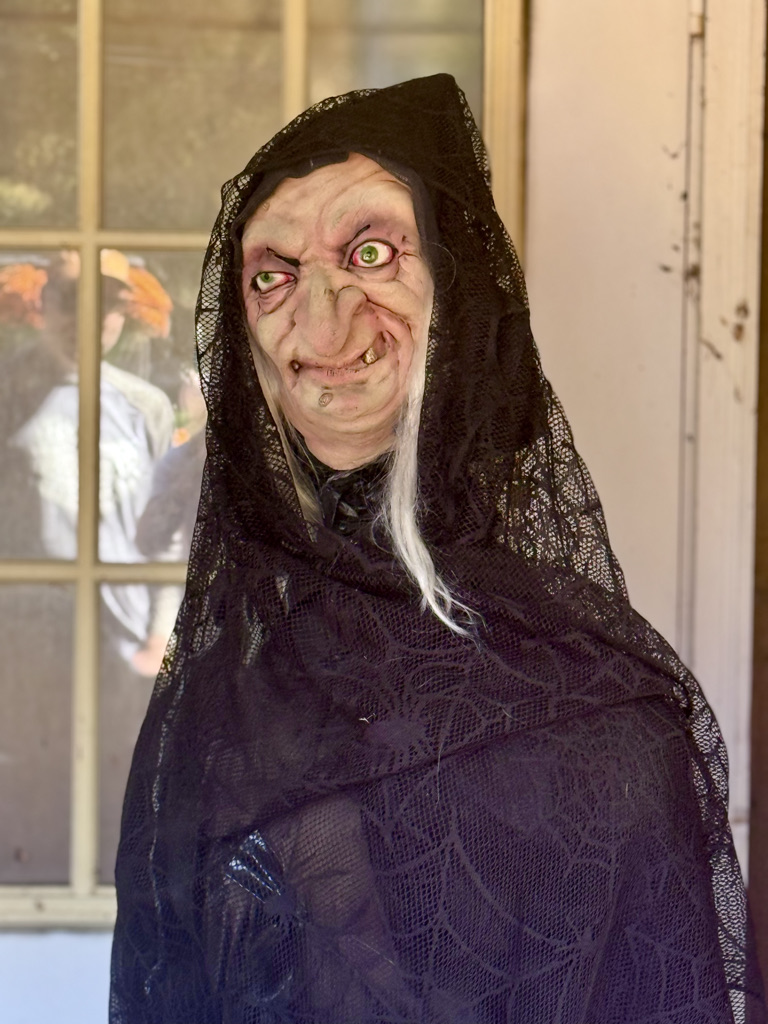 A creepy witch figure wearing a black veil, with green eyes and a sinister grin, standing in front of a window.