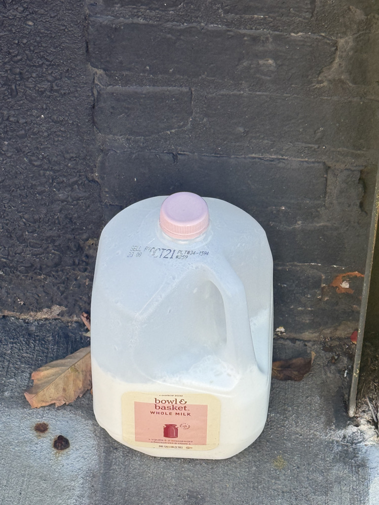 A gallon container of Bowl & Basket whole milk placed on a sidewalk near a brick wall.