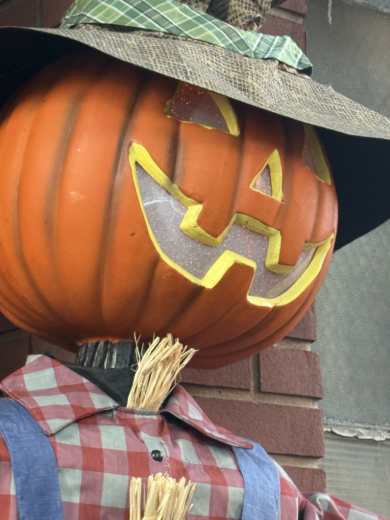 A close-up of a Halloween scarecrow with a pumpkin head featuring a smiling jack-o'-lantern face. It wears a plaid shirt and has straw for hair, set against a brick background.